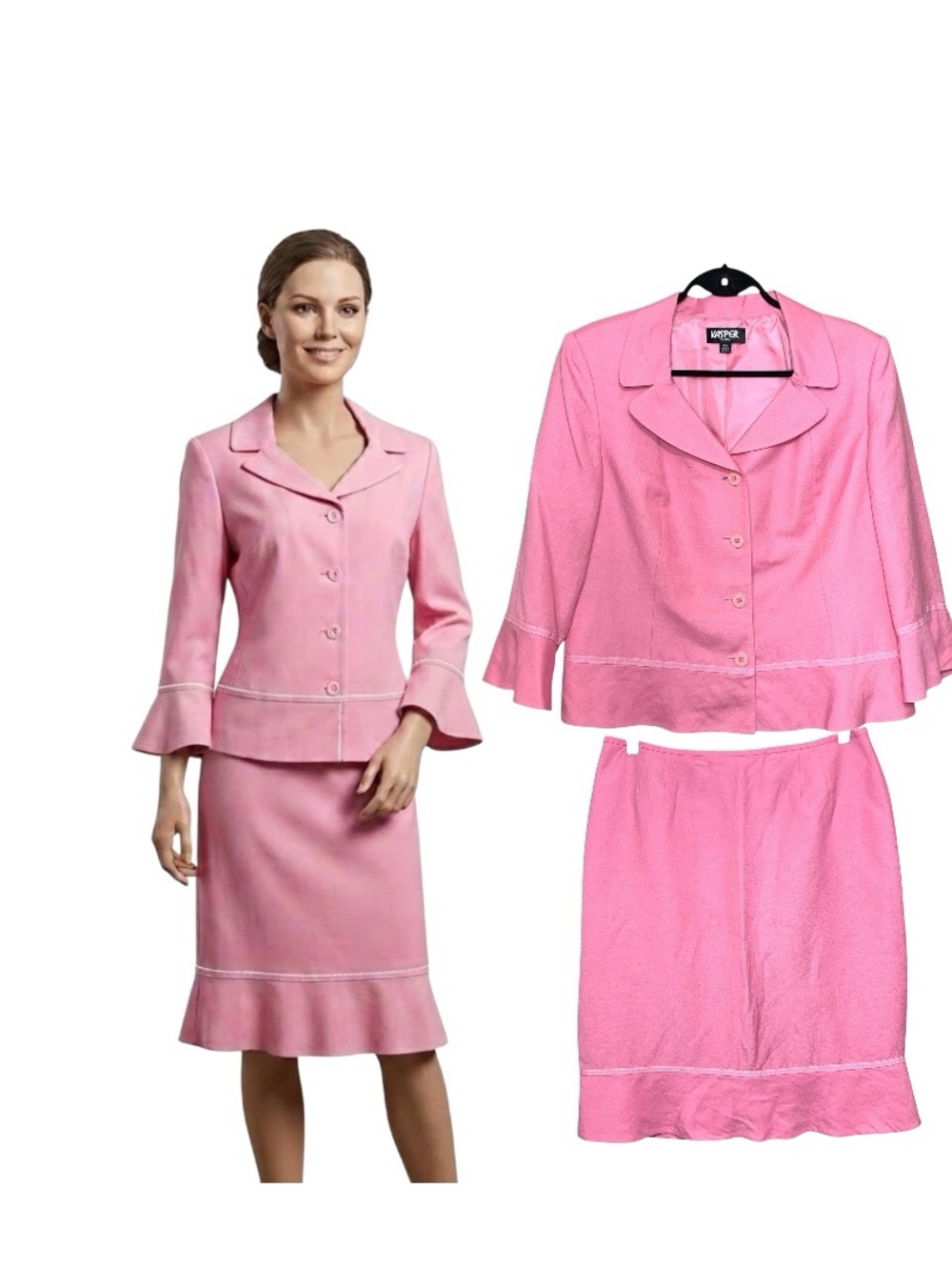 Kasper Tailored Pink Midi Skirt Blazer Set Linen Blend Retro Feminine Peplum